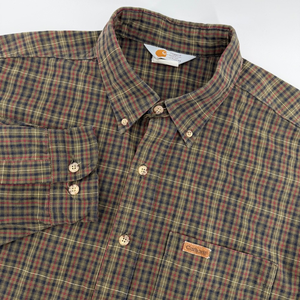 Carhartt Button Down Shirt Mens XL Tall Green Plaid Rugged Outdoor Wear USA Made